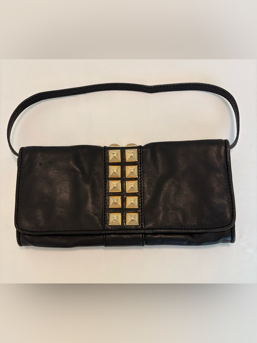 Michael Kors Calista Studded Leather Clutch Shoulder Bag Black Gold studs